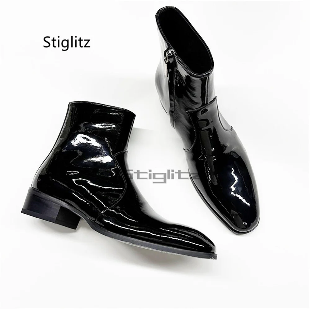 Black Patent Leather Ankle Boots for Men Pointed Toe Low Block Heel Side Zipper Short Boot Glossy Formal Party Dress Male Shoes