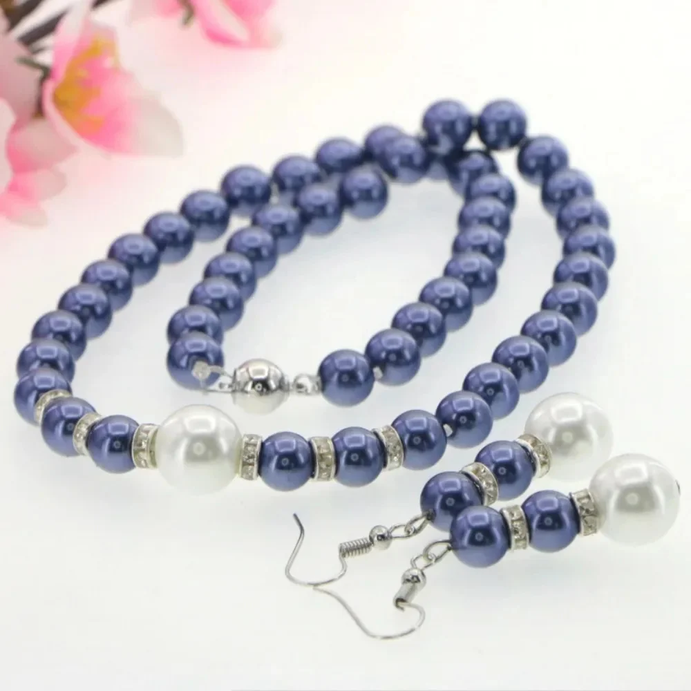 New Hot Fashion 8-12mm Blue Shell Pearl Necklace Earring Set Women and Girl Gift Jewelry Making Design Wholesale Price 18\