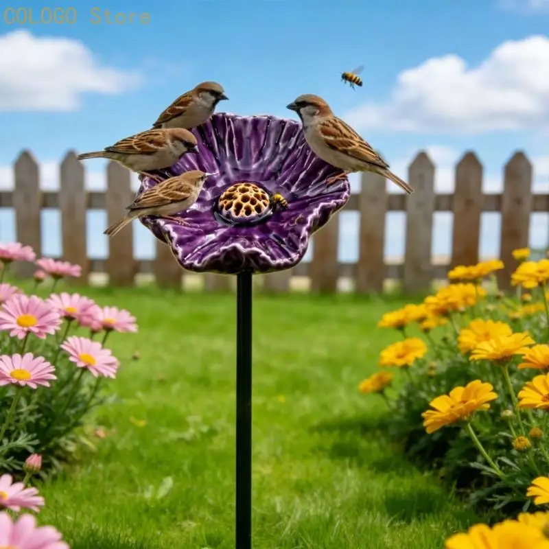 Ceramic Flower Water Dish Yard Stake for Outdoor Garden Use and Soil Placement Near Pots and Side Ground Zones D0LD