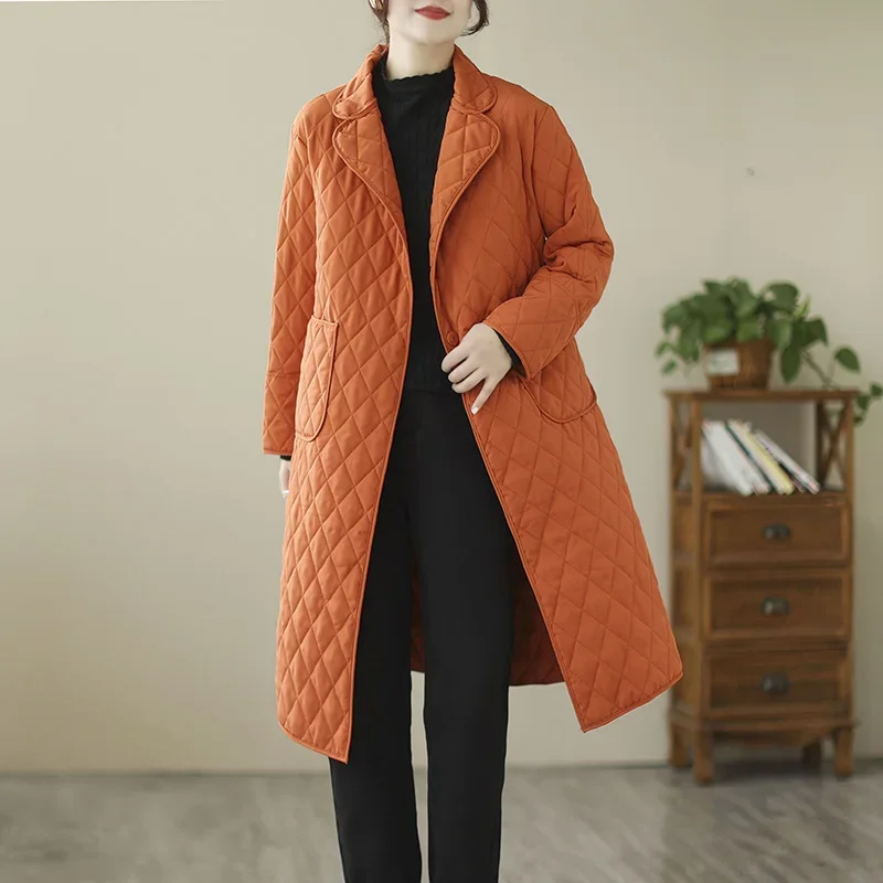 2023 New Arrival Rhombic Lattice Pockets Vintage Autumn Winter Outwear Down Coats Padded Cotton Fashion Women Casual Long Coats