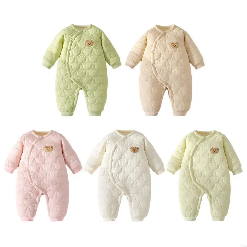 

D5QA Toddler Winter Jumpsuit Cartoon Bear Designing Warm Thick Baby Romper Cosy Infant Outwear Clothing with Soft Lining