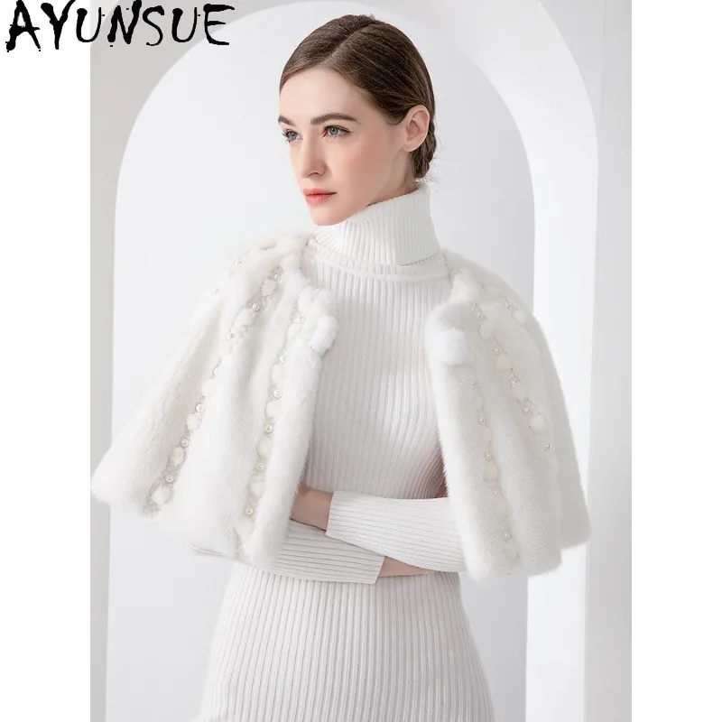 

AYUNSUE Пальто из натурального меха Женская шаль из цельного норкового меха Белая шуба Короткая верхняя одежда Высококачественная банкетная женская одежда Шуба Женская