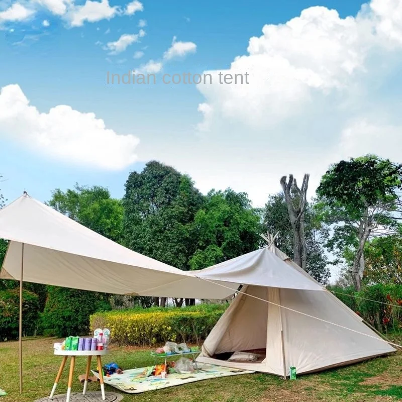 

Ivory white pyramid cotton tent camping Indian tent 3 to 4 person outdoor rainproof pointed roof tent