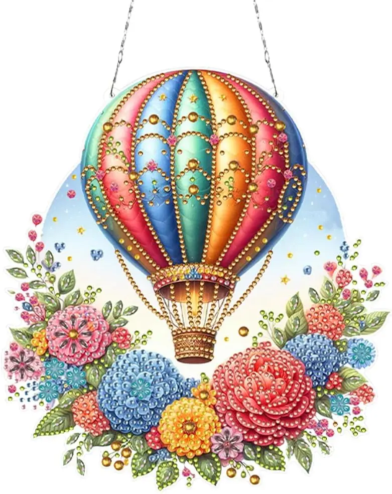 DIY Hanging Diamond Art Pendant Kit Hot Air Balloon, Special Crystal Diamonds Painting Christmas Ornament for Adults, 5D Diamond Art Suncatchers Double Sided Board Gem Painting Box Kit (Yellow-05)