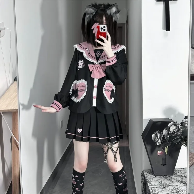 Trajes de marinero Jk con estampado de gato para mujer, uniformes escolares japoneses Harajuku para niñas, nuevo conjunto de Falda plisada, disfraces Kawaii Fuku Cos de Anime