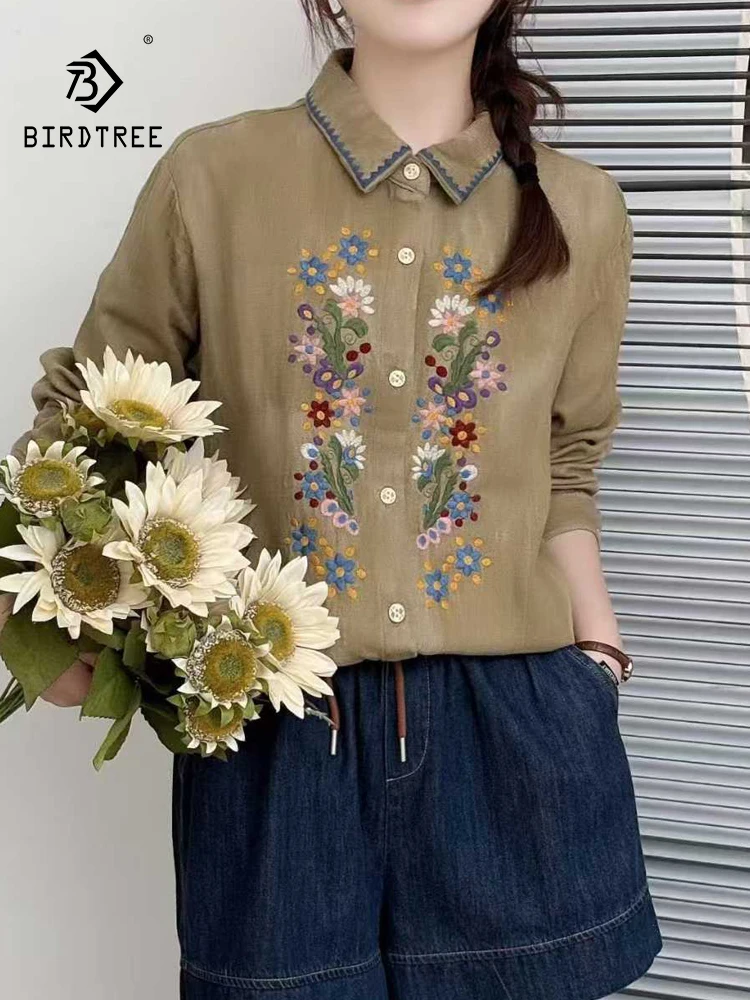 

Новинка 2025, осенняя рубашка с длинными рукавами из хлопковой пряжи, женская рубашка с отложным воротником и вышивкой, свободная блузка Mori Girl Prairie Chic T5O555CC