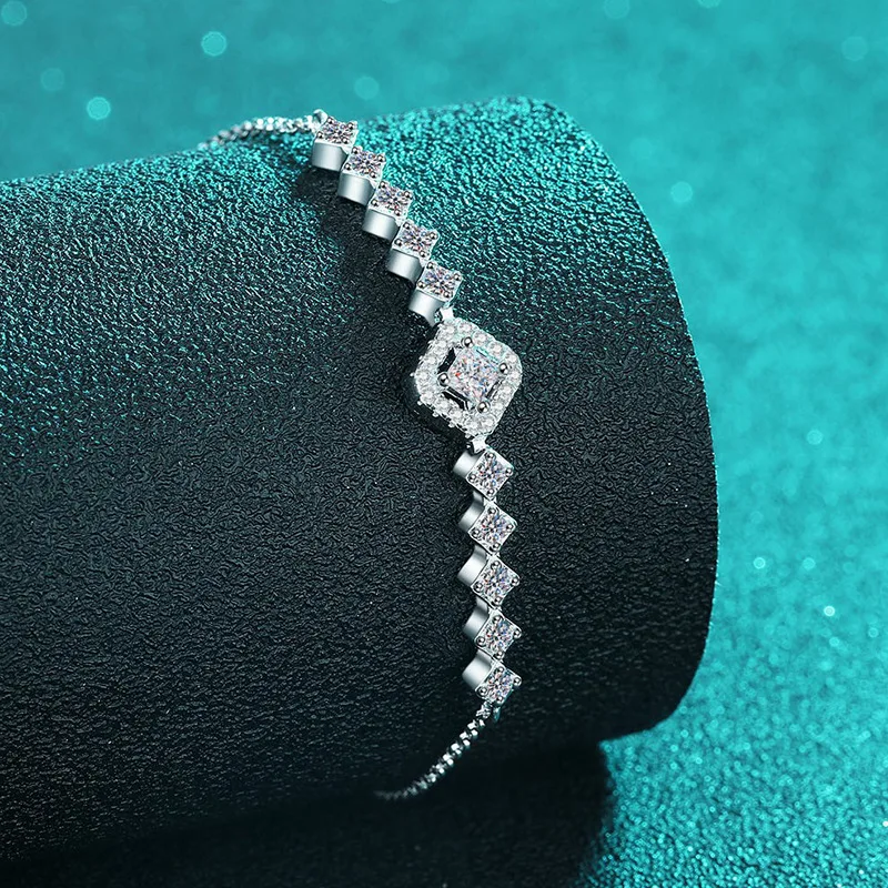Smyoue 3*3mm 0.7cttw Full Moissanite Bracelets for Women Princess Cut Square Luxury Chian S925 Sterling Silver Wholesale Jewelry image 2