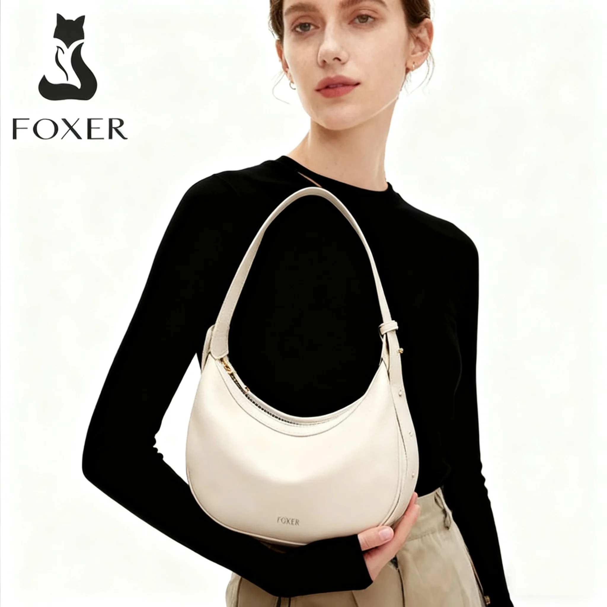 FOXER ماركة بولي Leather حقيبة كتف نسائية جلدية 2025 سيدة الموضة الهلال تصميم فاخر نصف القمر حقيبة يد حقيبة كروسبودي فتاة هدية