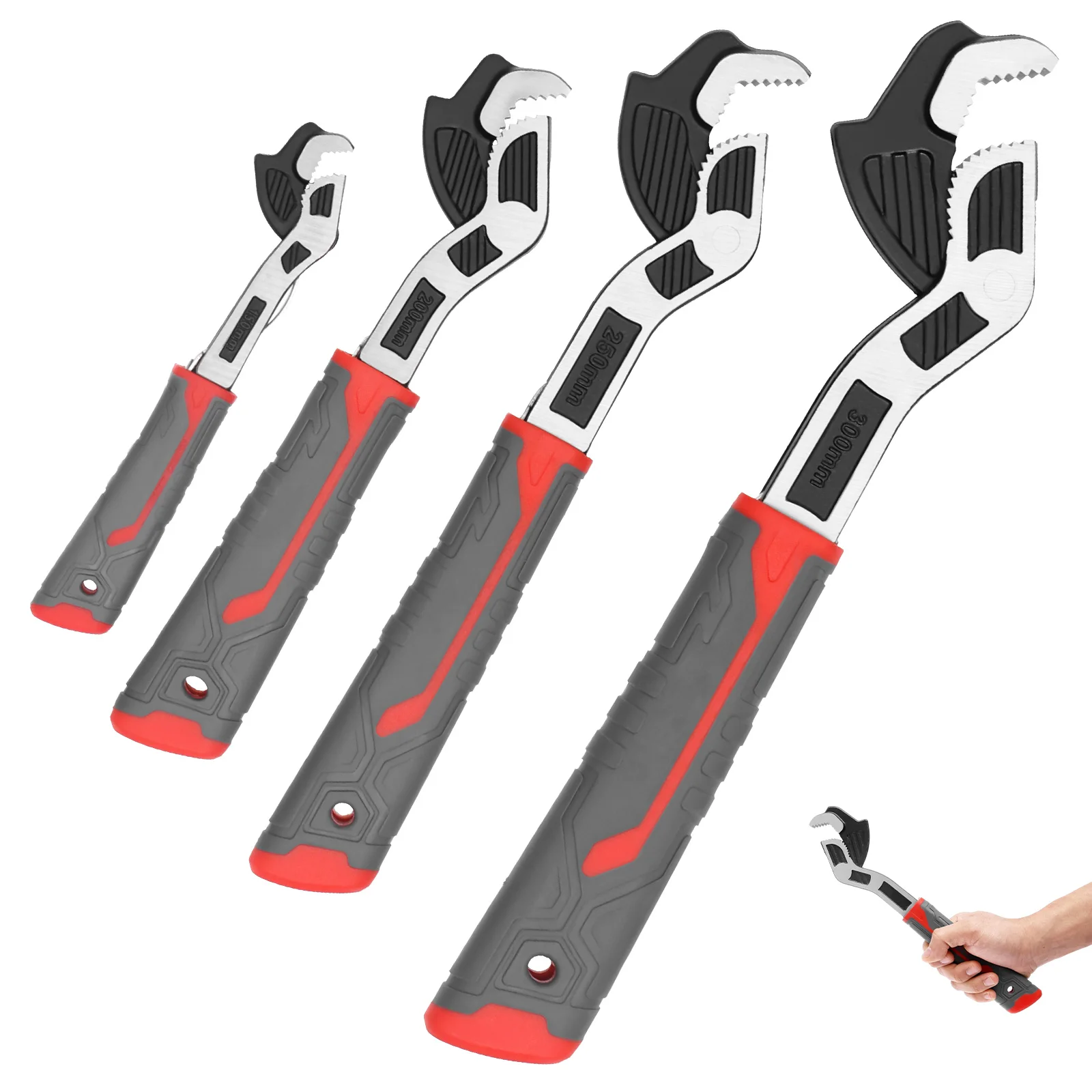 

Набор трубных ключей 6 дюймов, 8 дюймов, 10 дюймов, 12 дюймов, саморегулирующийся ключ, 4 предмета, сантехнический инструмент для стандартной гайки 0,27-1,69 дюйма/7-43 мм, нерегулярная гайка, труба