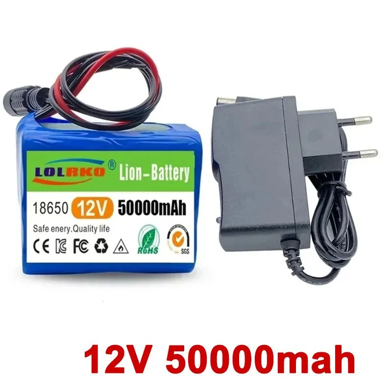 High-capacity 3S2P 12V 50000mAh rechargeable 18650 lithium-ion battery pack, equipped with BMS protection board+12V charger