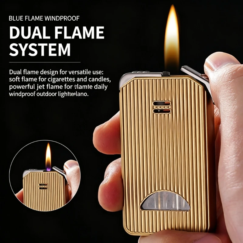 2‑in‑1 Dual Flame Lighter Jet & Soft Flame Refillable Butane Gas Visible Gas Window Zinc Alloy Lighter Men Smoking Gift