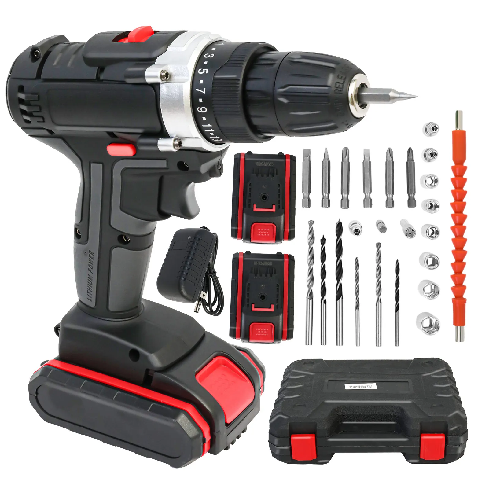 

Cordless Impact Drill Kit 21V 45N.m Screwdriver 1500r/min 2x Lithium Batteries Charger for Drilling Screw Tightening/Loosening