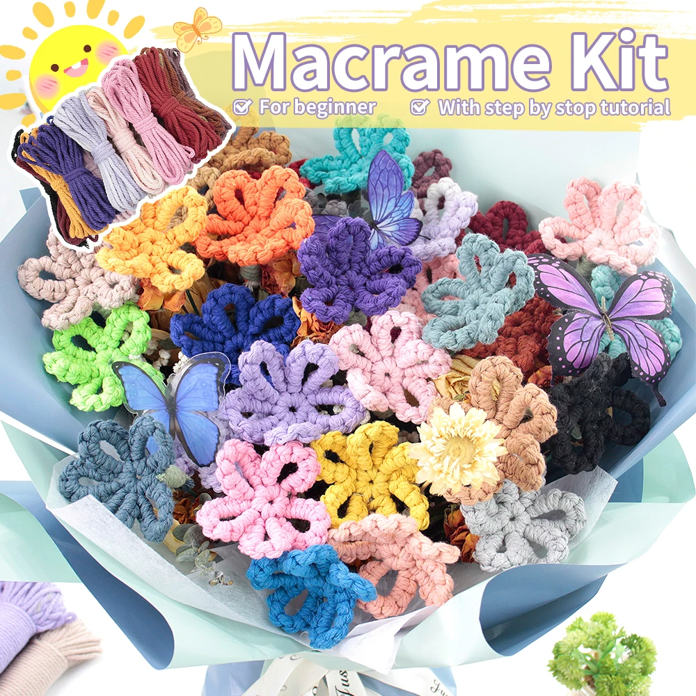 Makramee-Set mit 5 Blütenblättern, gewebt, mit Tutorial für Anfänger, Hand-DIY-Blumenstrauß-Strickset für Heimdekoration, Bastelset