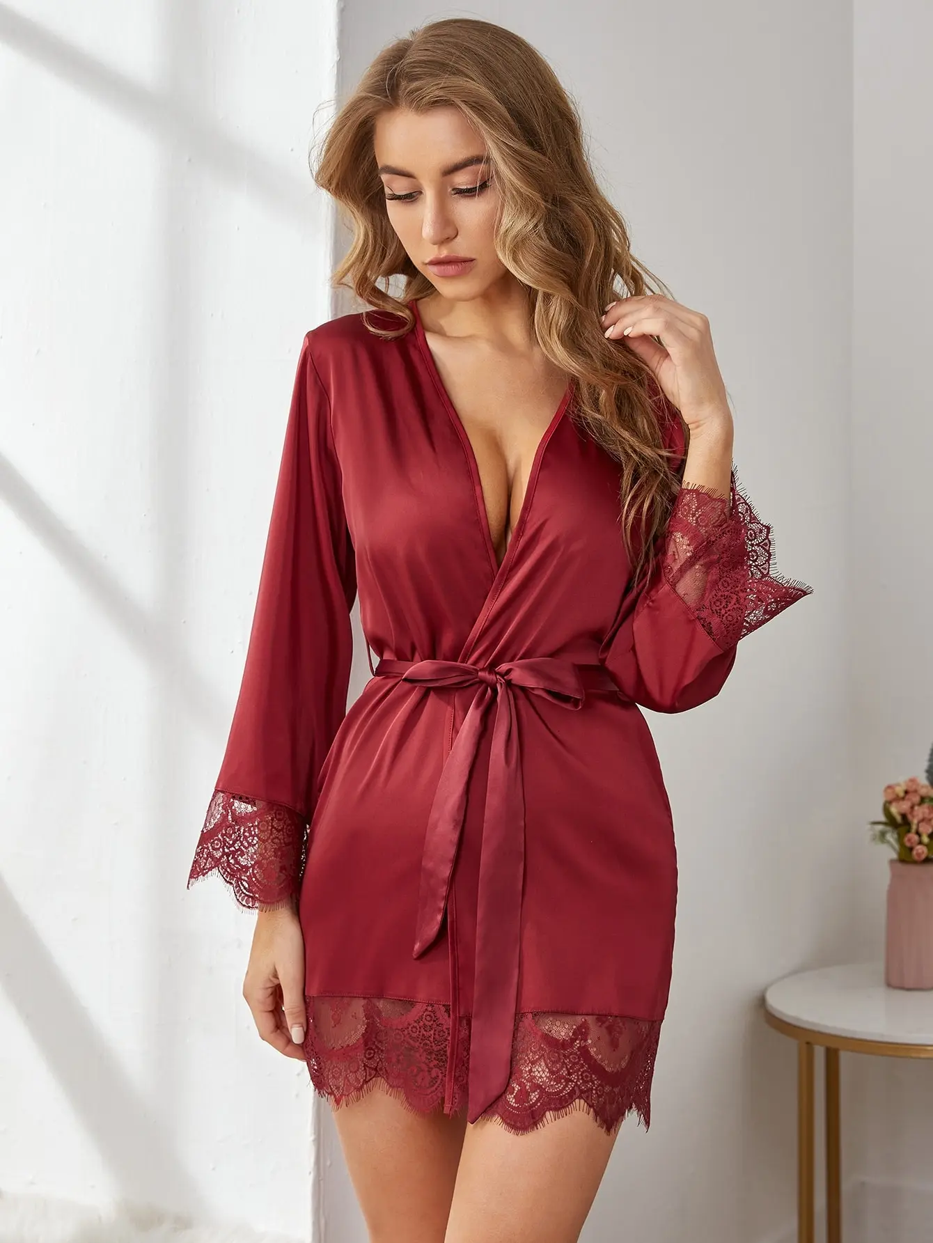 European and n sexy deep v pure color satin stitching lace cardigan robe simple and comfortable suit