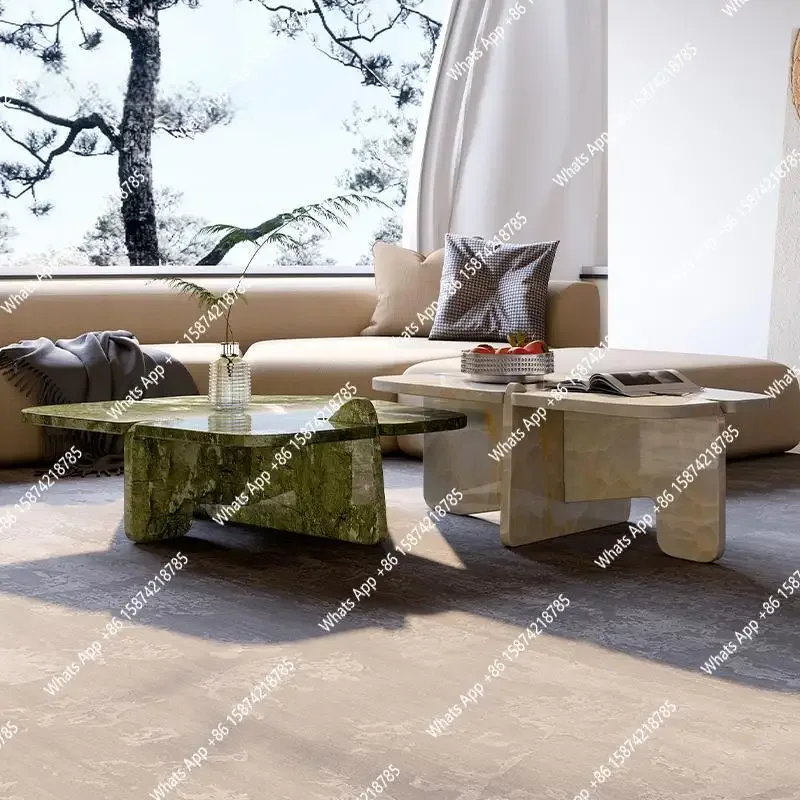 X Designer Natural Marble Coffee Table Set, Italian Minimalist High-Low Nesting Tables For Small Space, Heat & Scratch Resistant