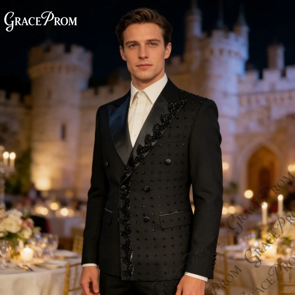 

Luxury Black Geometric Jacquard 2PCS Mens Tuxedo 2026 Elegant Leaf Embroidery Groom Suit For Wedding Ceremony Party Best Man