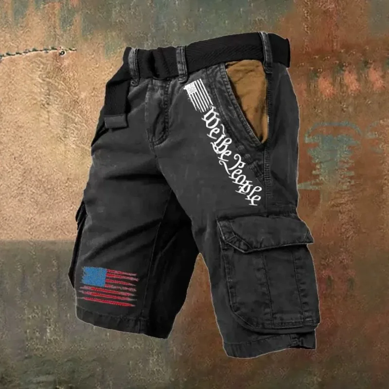 

Men's American Retro Old Tooling Shorts Printed Multi-pocket Loose Casual Tough Guy Pants in Five Points.