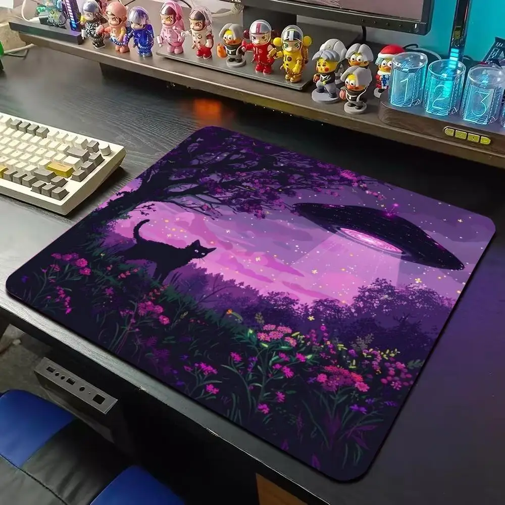 UFO Star Space Black Cat Mouse Pad Gaming Mousemat Non-Slip Rubber Base Galaxy Square Mouse Mat Laptop Desktop Computer Mousepad