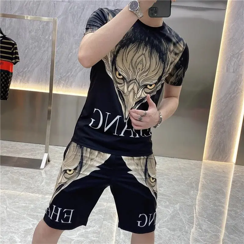 Men's Clothing Summer Short-sleeved T-shirt Shorts Two-piece Set Trendy Men's Hot Drilling Printed Handsome Casual suit