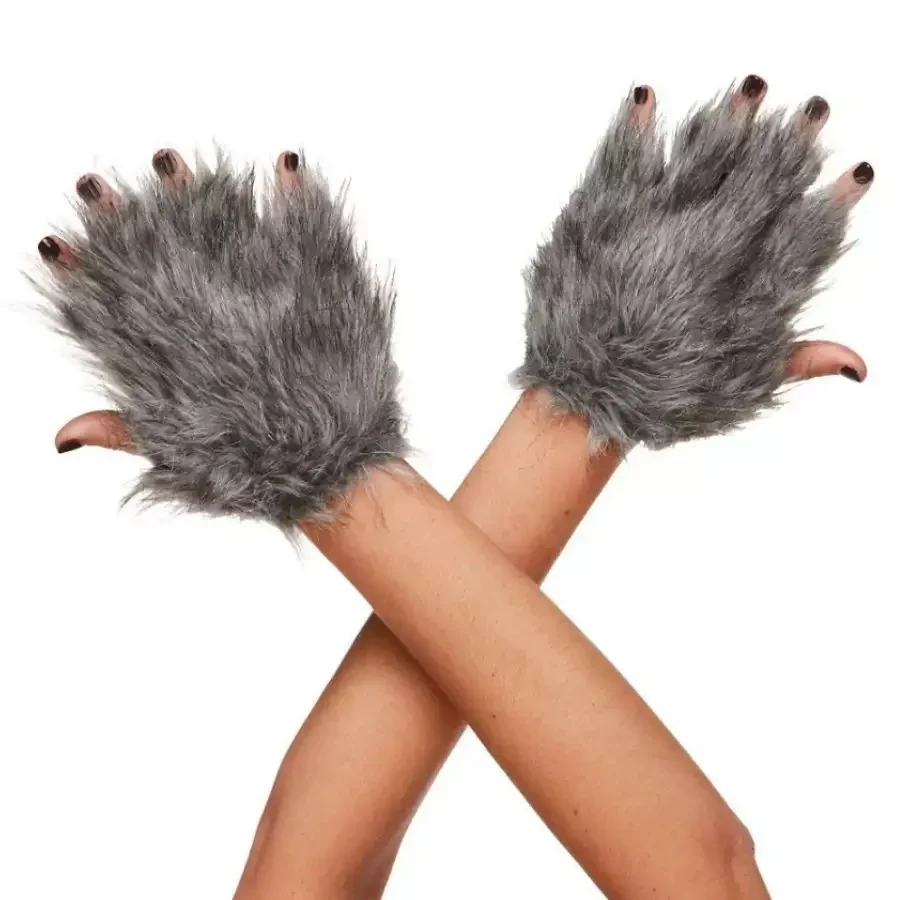 Unisex Halloween Werewolf Furry Fingerless Gloves Grey Plush Beast Claw Costume Fancy Dress Carnival and Themed Party Outfit