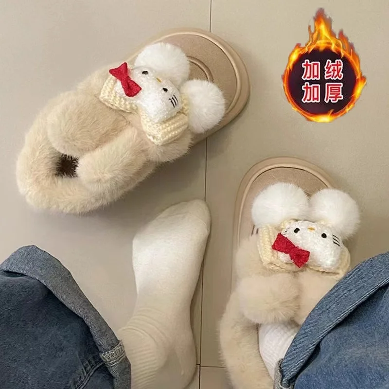 real pictures 2025 new winter Girl hello kitty red bow cheap Canvas Shoes sweet women's warm Casual fleece snow boots Shoes