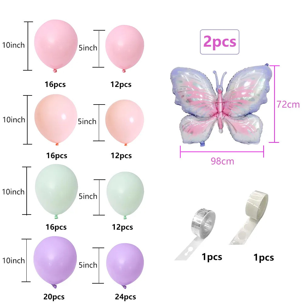 132pcs Purple Butterfly Balloon Arch Set Macaron Pink  Purple green orange Girl Birthday Party Decoration Balloon Chain Set