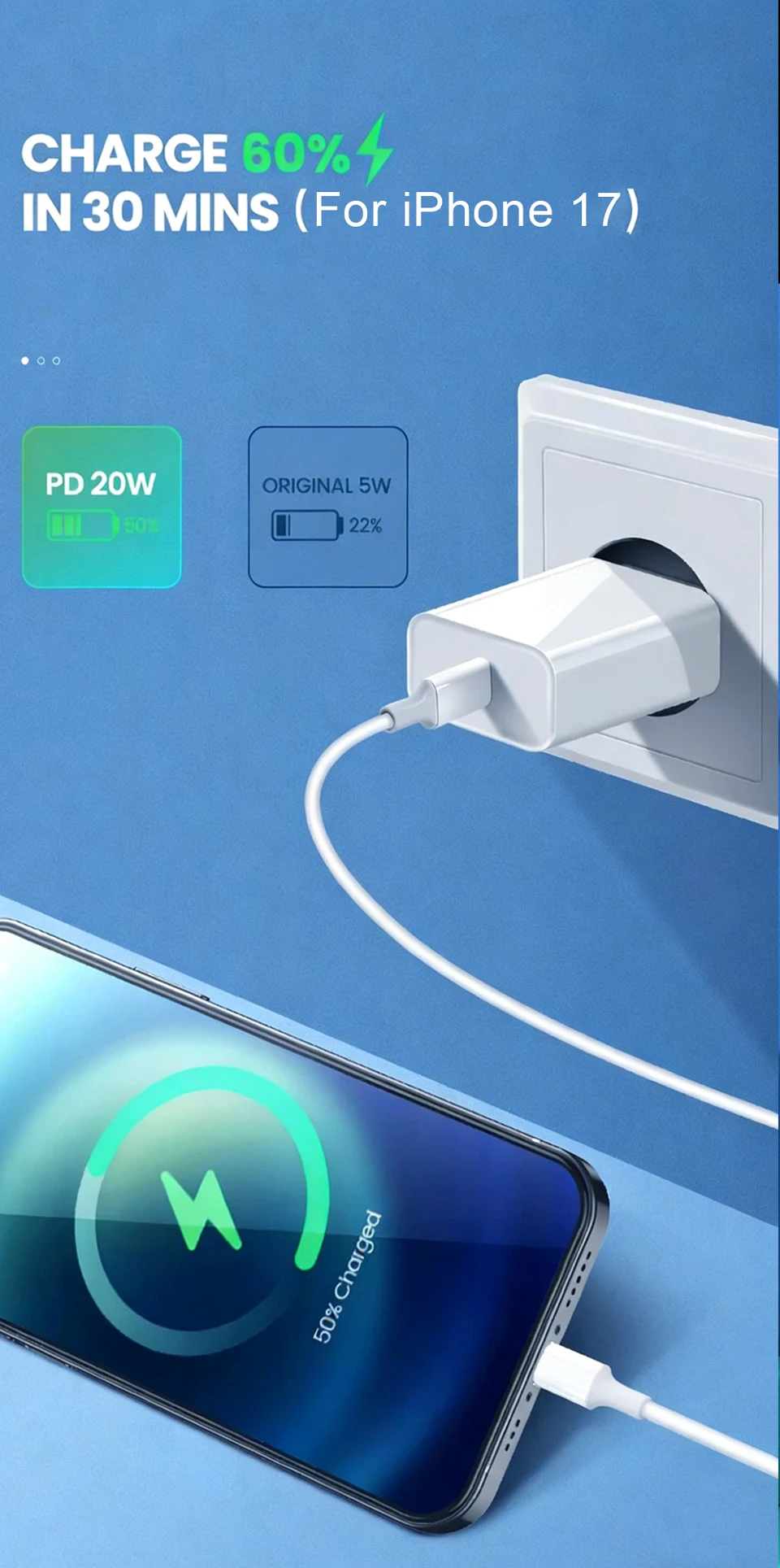 40W Fast Charger For Apple Original iPhone 18 17 16 15 7-14 Pro Max Type C To Lightning Fast Charging USB C Cable Quick Charger