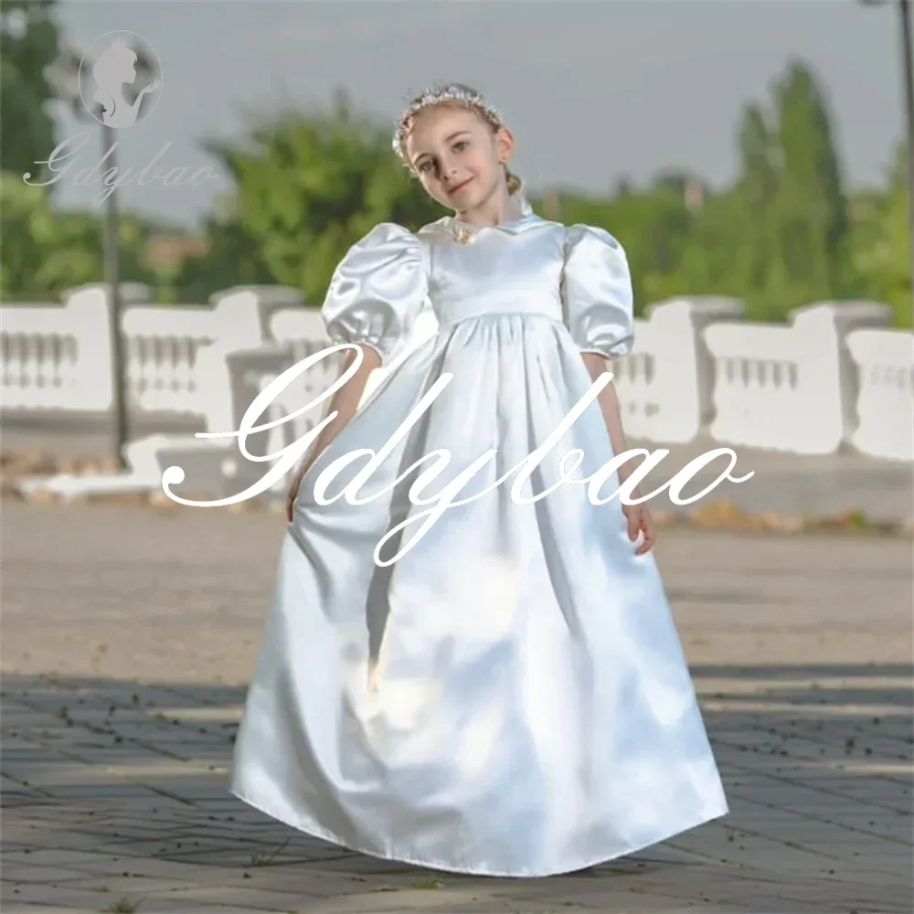 Simple Classic Style High Neck Short Puff Sleeve Wedding Party Flower Girl Dress Floor Length Long Ball First Communion Gown