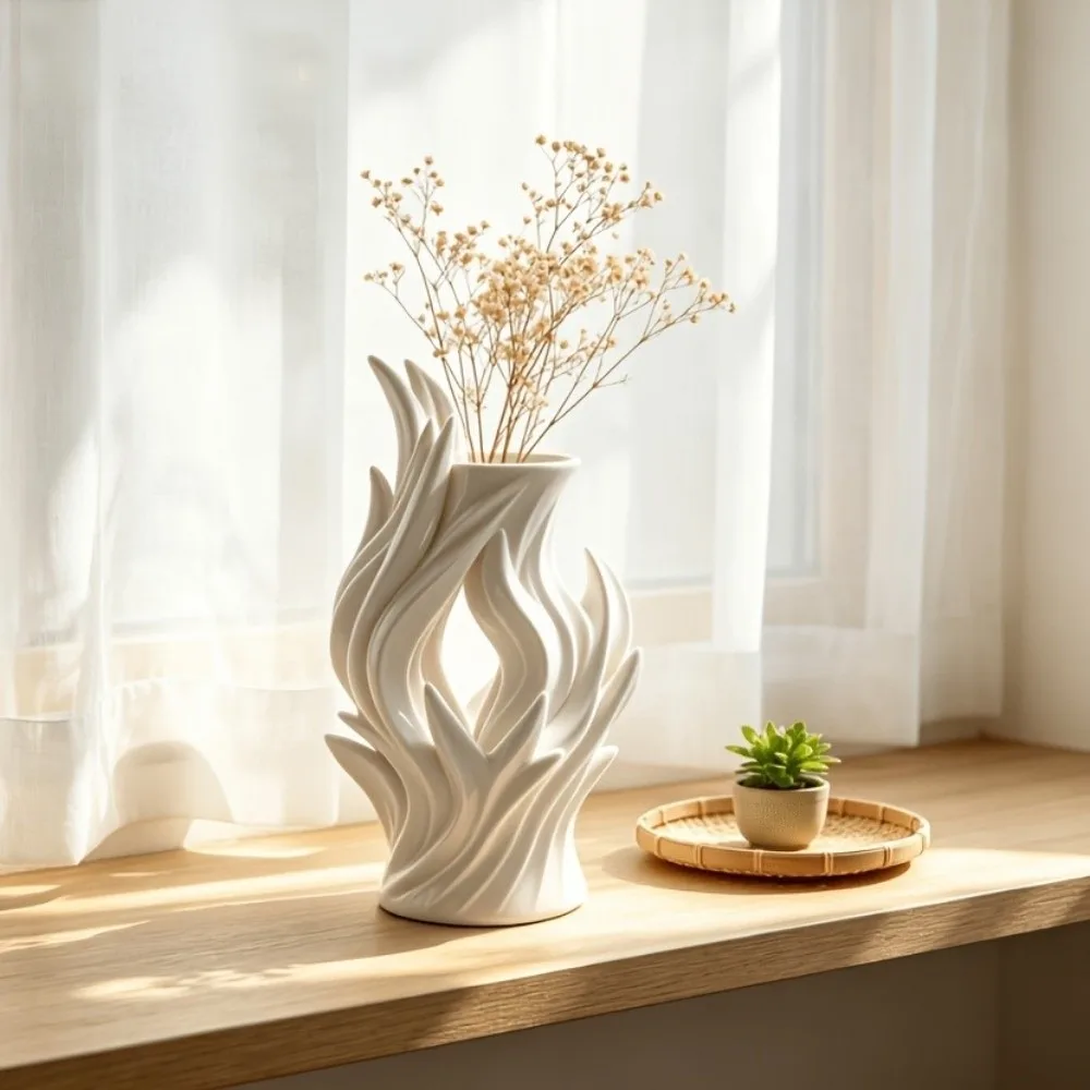 3D Printed Irregular Vase Hollow Out Minimalist Artistic Flame Vase Twisted Wave Flower Container Desktop Decoration