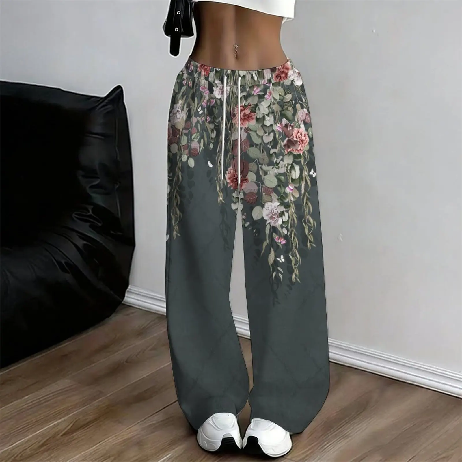 Women Multicolor Spiral Print Wide Leg Pants Elastic Waist Drawstring Loose Fit Summer Casual Beach Resort Long Trousers Stree