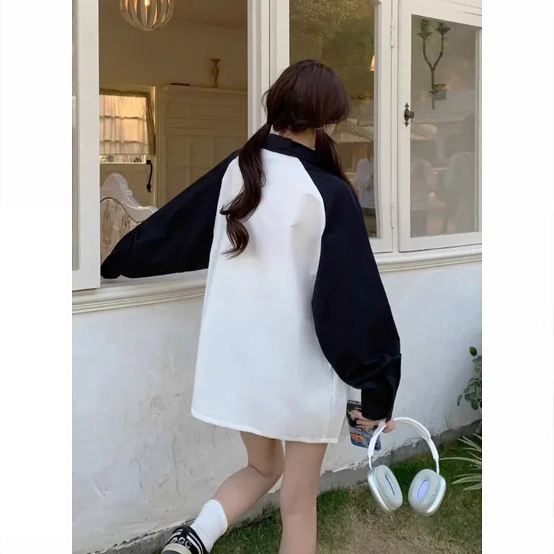 Spring Autumn Black White Join Together Shirt Coat Women 2024 New Fashion Loose College Wind Casual Tops Button Blouse Female