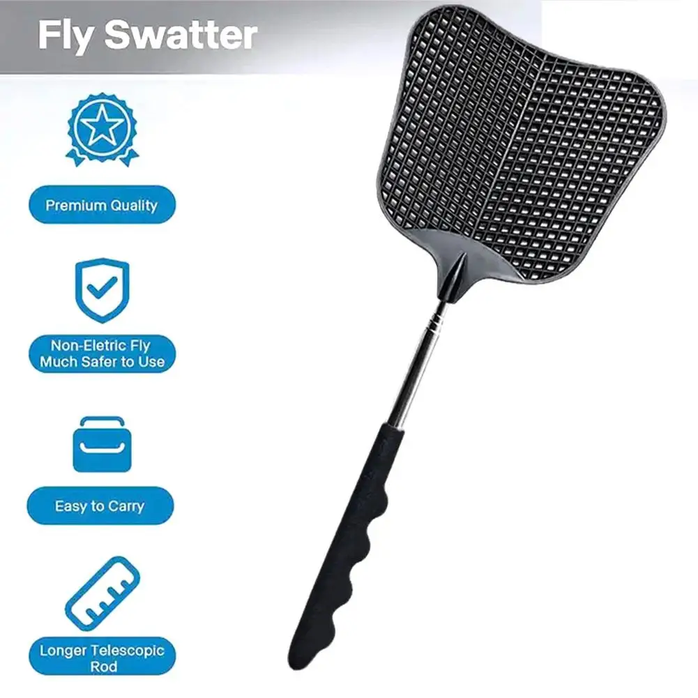 

Black Mosquito And Fly Killing Plastic Fly Swatter Retractable Stainless Steel Rod Suitable For Indoor And Outdoor Use B4C3