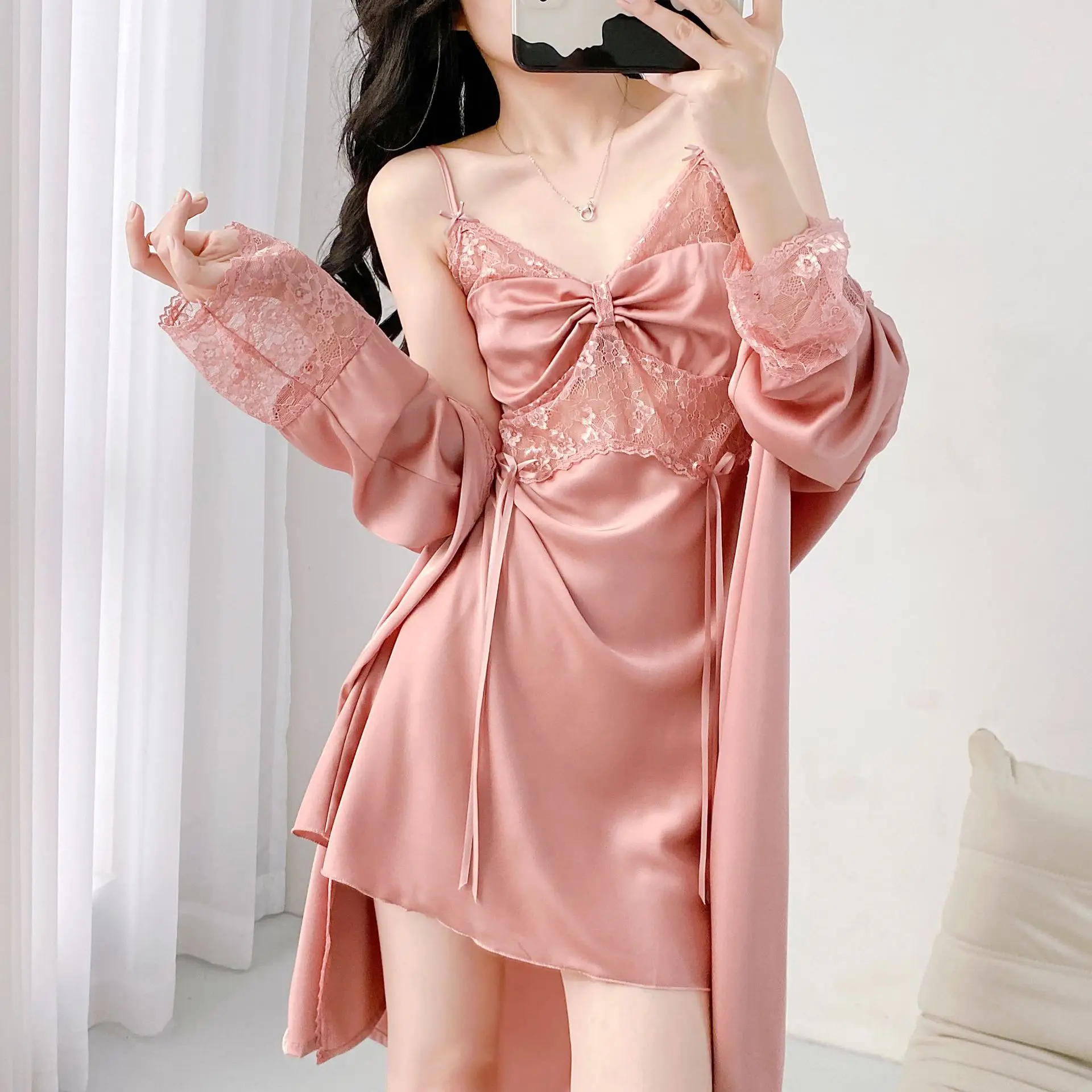

Solid Satin Robe Set Long Sleeve Bathrobe With Belt Lace V Neck Slip Nightdress Women's Sleepwear