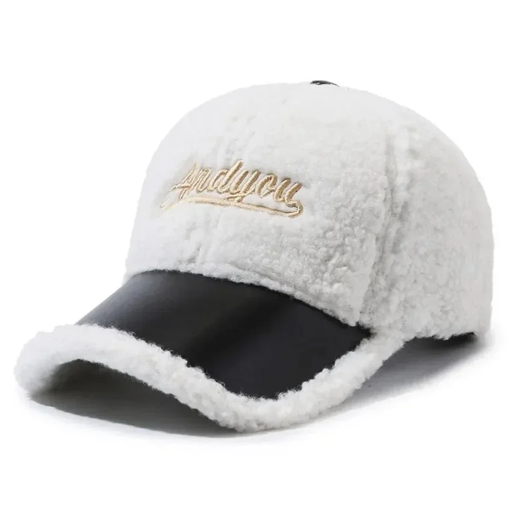 

Men Women Lamb Wool Embroidery Letter Baseball Cap Autumn Female Winter Warm Outdoors Fashion Snapback Adjustable Hat Casquette