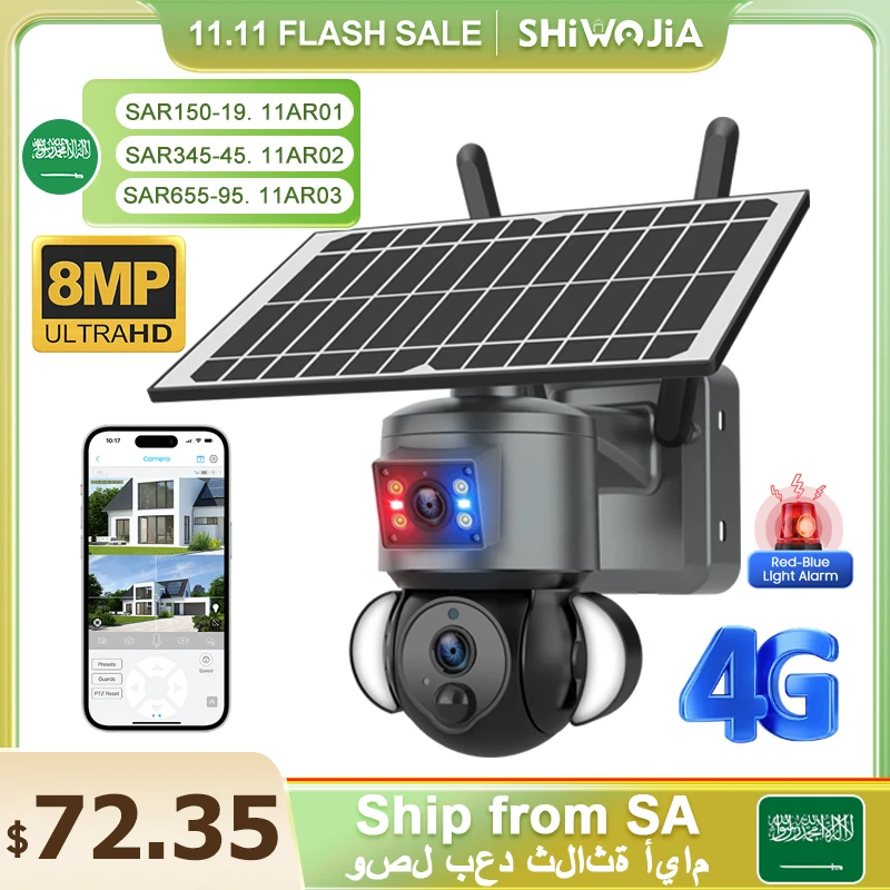 

SHIWOJIA 4K 8MP Solar Camera 4G SIM /WIFI Security Outdoor Dual Lens Recording Humanoid Tracking Color Night Vision PTZ Cam