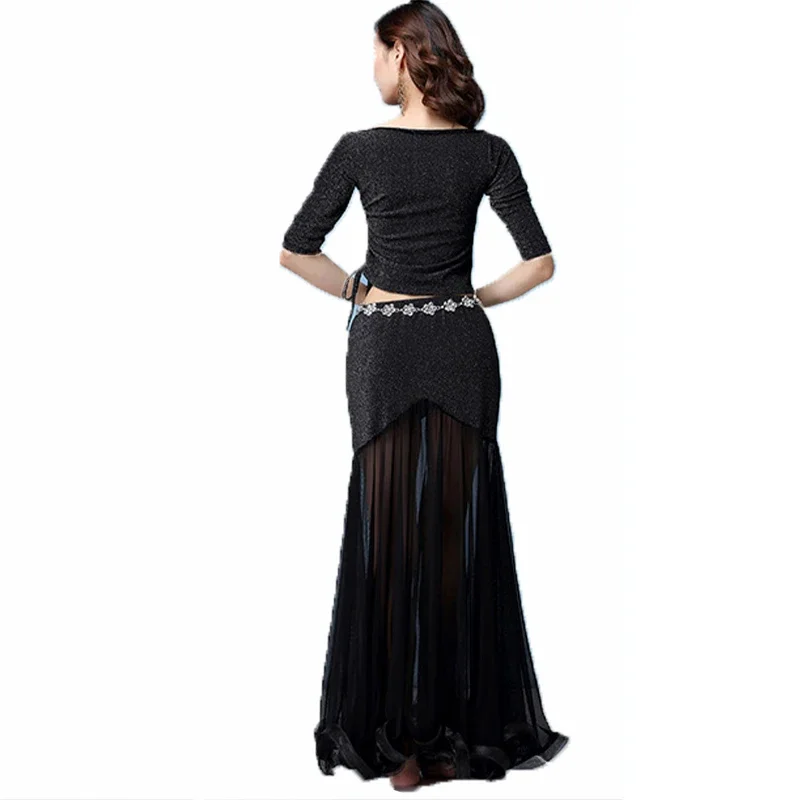 Buikdanskostuum Professioneel pak voor dames Mesh korte mouwen Top + sexy split lange rok 2 stuks Oosters danspak voor meisjes