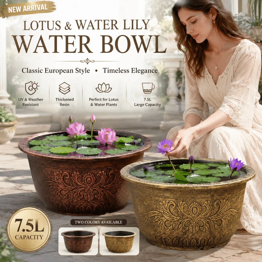 Resin Lotus Planter Pot Large 19cm Height Water Reservoir Planter Copper Bronze 7.5L Capacity Retro Flower Pot Outdoor Use