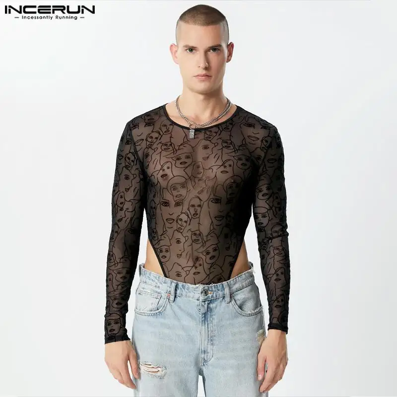 INCERUN 2023 Men Bodysuits Mesh Sexy Printing O-neck Long Sleeve Male Rompers Streetwear Transparent Fashion Bodysuit Men S-3XL