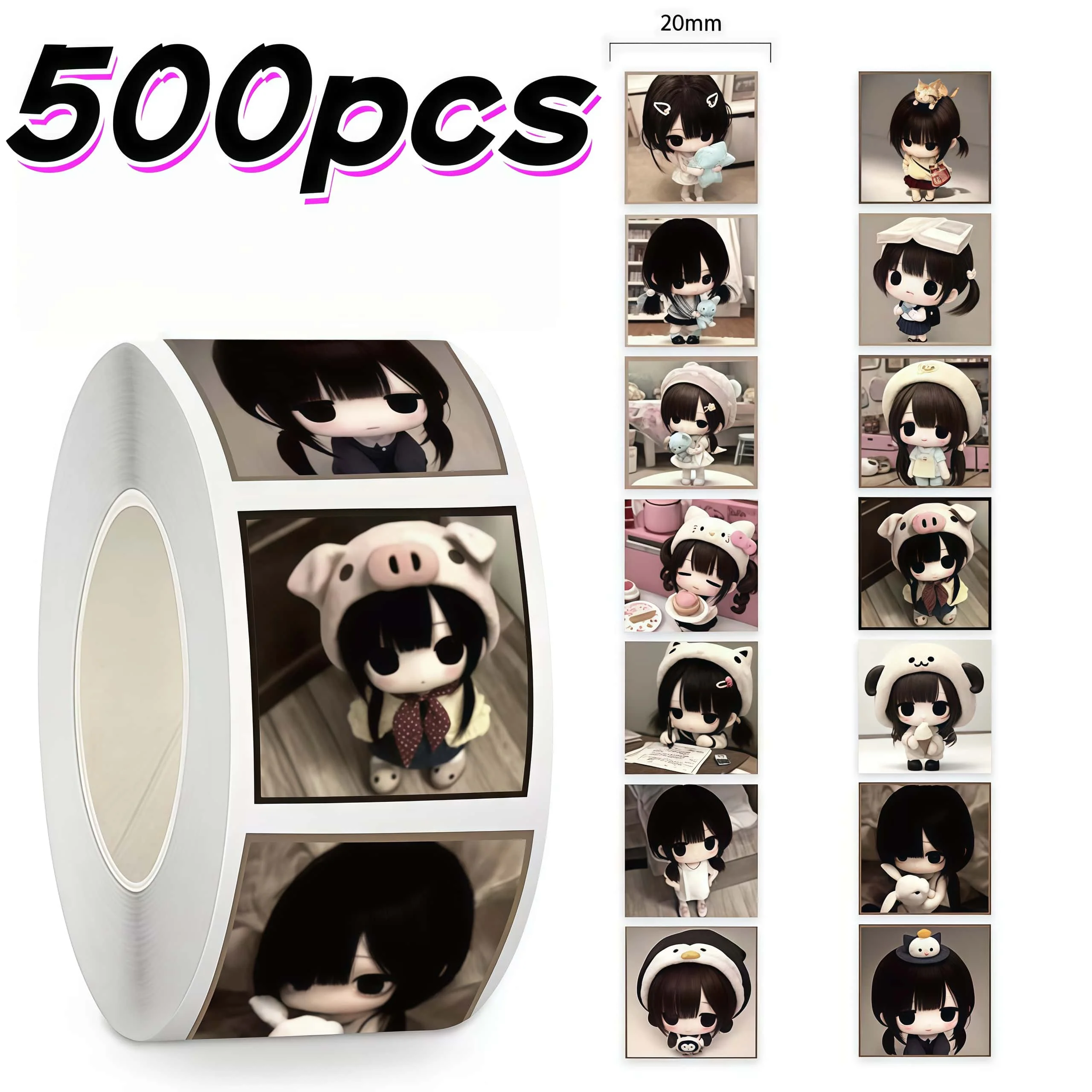 500Pcs Cute Dark Hair Doll Square Roll Stickers, Kawaii Chibi Girl Label Stickers for Packaging Journal DIY Scrapbook Decoration