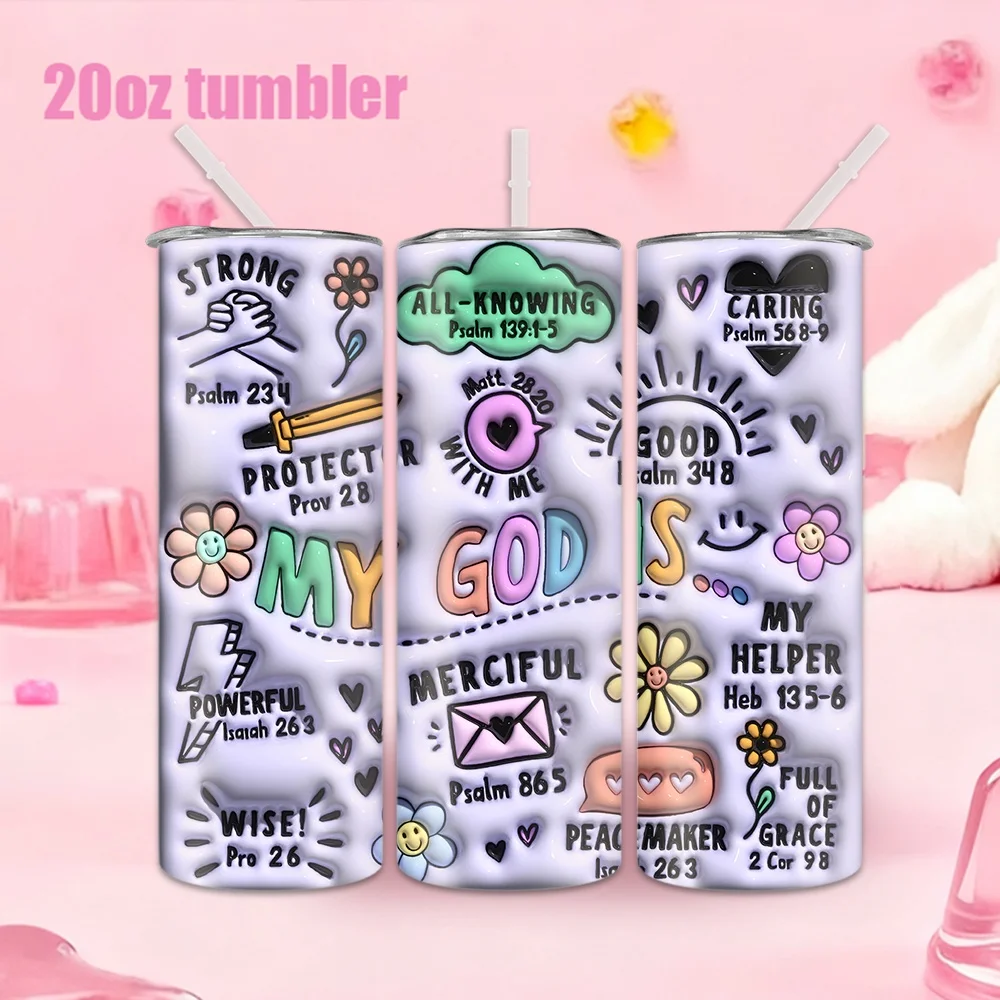1pc Stainless Steel Water Bottle/Tumbler with Straw — Colorful Religious-Themed Sticker Design (20oz / 591ml)