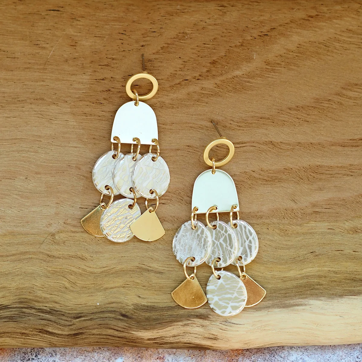 Boho Geometric Polymer Clay Dangle Earrings for Women, Half Moon with Gold Discs, Lightweight Statement Fashion Jewelry Gift New