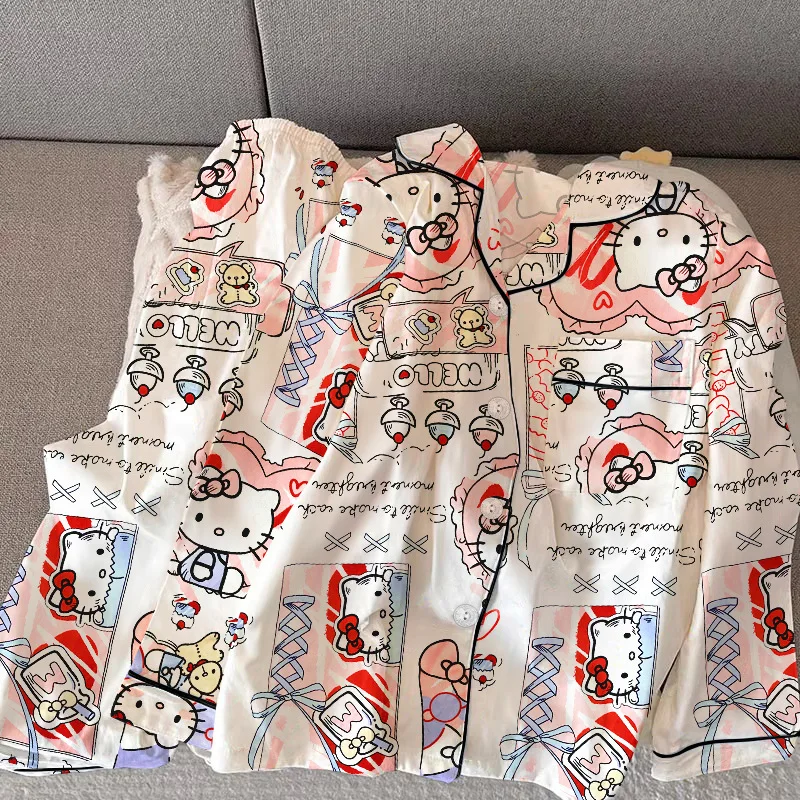 Cute Hello Kitty Anime Ladies Pajamas Cartoon KT Cat Printing Long-sleeved Cardigan Two-piece Loose Leisure Can Go Out Homewear