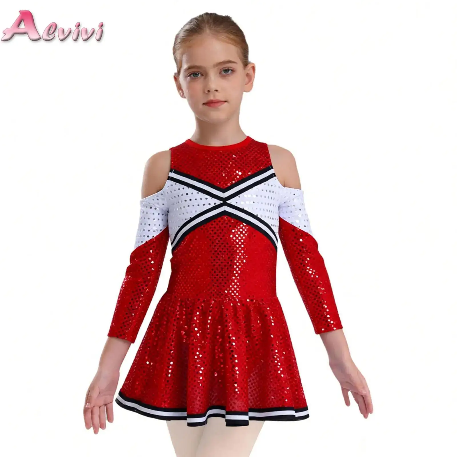 Kid Girls Cheerleading Dance Performance Costume Long Sleeve Off-shoulder Shiny Sequins Dress Schoolgirl Cheer Uniform Dancewear