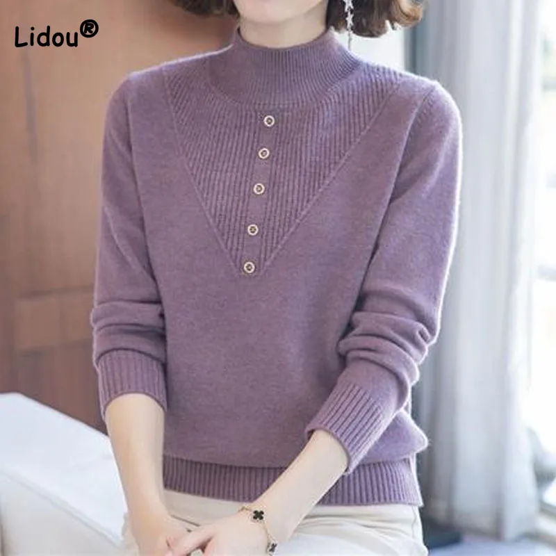 

Fashion Long Sleeve Solid Color Knitted Tops Women's Clothing Autumn Winter Korean All-match Half High Collar Simplicity Sweater