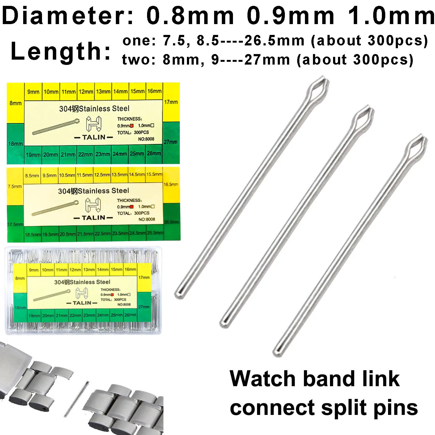 300PCS 8-27mm 7.5-26.5mm Watch Band Link Pins Stainless Steel Watch Strap Links Beads Split Pin Connect Bar Hairpin Pin Repair