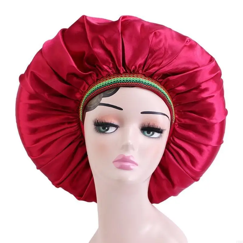 قبعة نوم مستديرة بتصميم عرقي بلون سادة من الساتان للعناية بالشعر للنساء والرجال، 49 ميجابايت #5