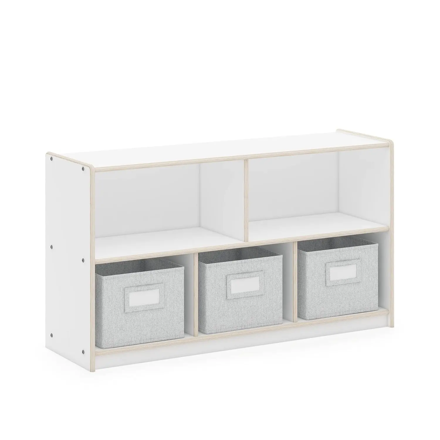 

EdQ 5 Compartment Storage 24'' White with 3 Fabric Bins: Wooden Multi-Purpose Bookcase and Toy Organizers and, Customized