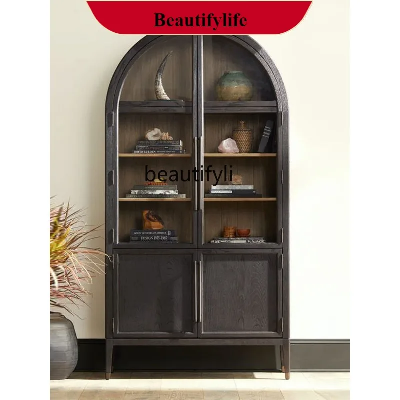 

G1218 American Retro Style Arched Bookcase Modern Simple Vintage Solid Wood Glass Door Storage Wine Cabinet