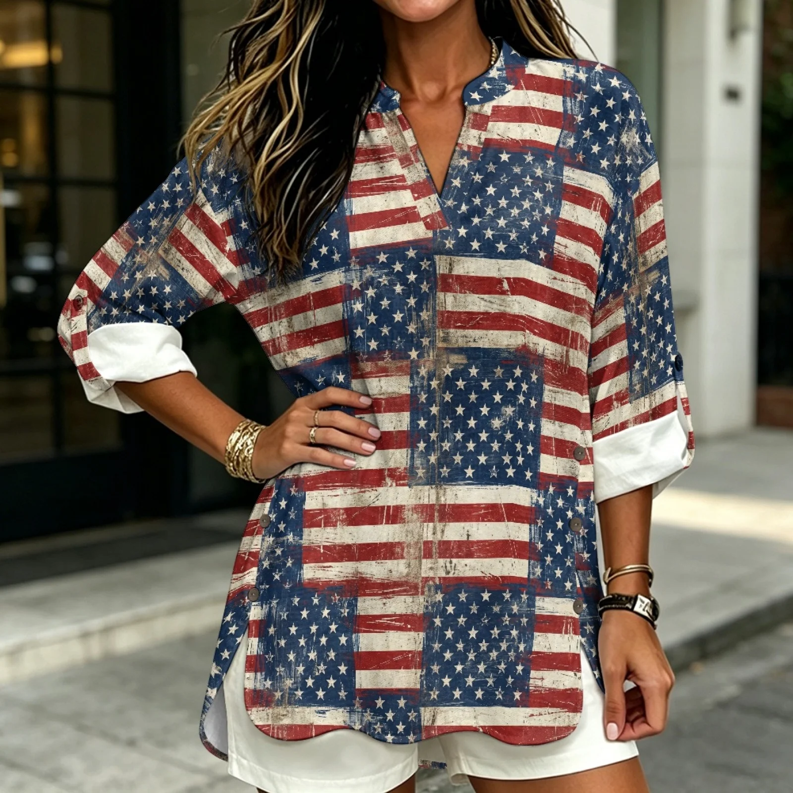 PENSTROLL American Flag Print Linen Like Long Sleeve Tops Casual Blouses for Women Lightweight Notch V Neck Blouses