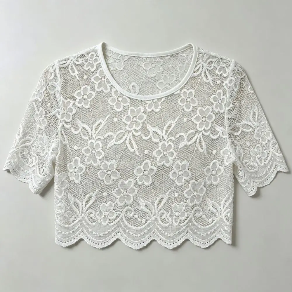 Fashion Nylon Lace Short Sleeve Top Thin Light Fabric Short Sleeve Hollow Out Layering Tee Breathable Sling Dress Cover Up Women